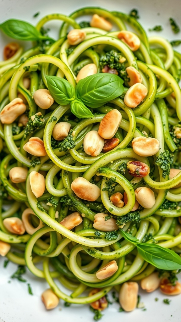 A bowl of zucchini noodles topped with pesto and pine nuts.