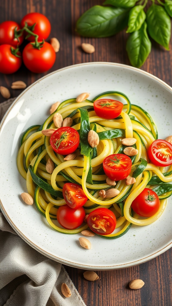 A plate of zucchini noodles topped with cherry tomatoes and nuts, garnished with fresh basil leaves.