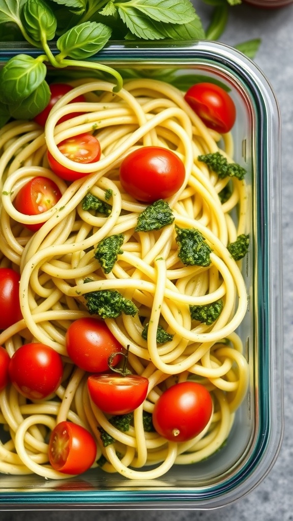 Zucchini noodles with pesto and cherry tomatoes