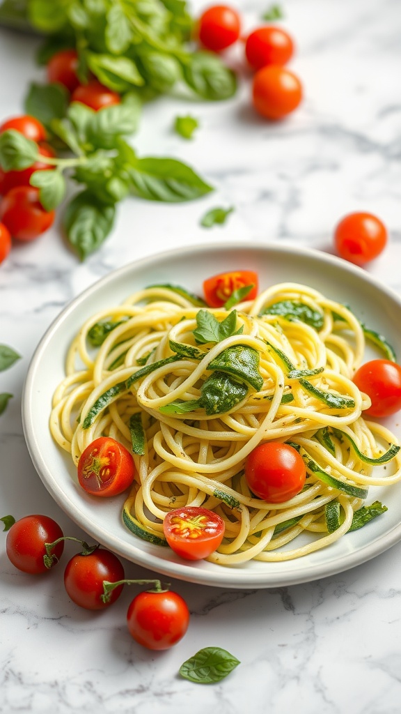 A plate of zucchini noodles topped with pesto and cherry tomatoes