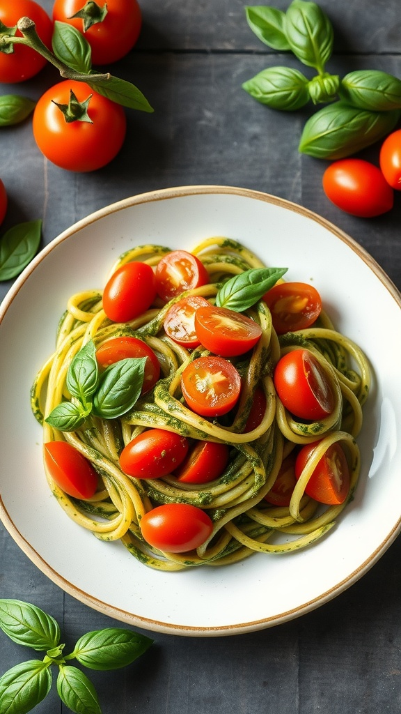 Zucchini noodles with pesto and cherry tomatoes garnished with fresh basil.