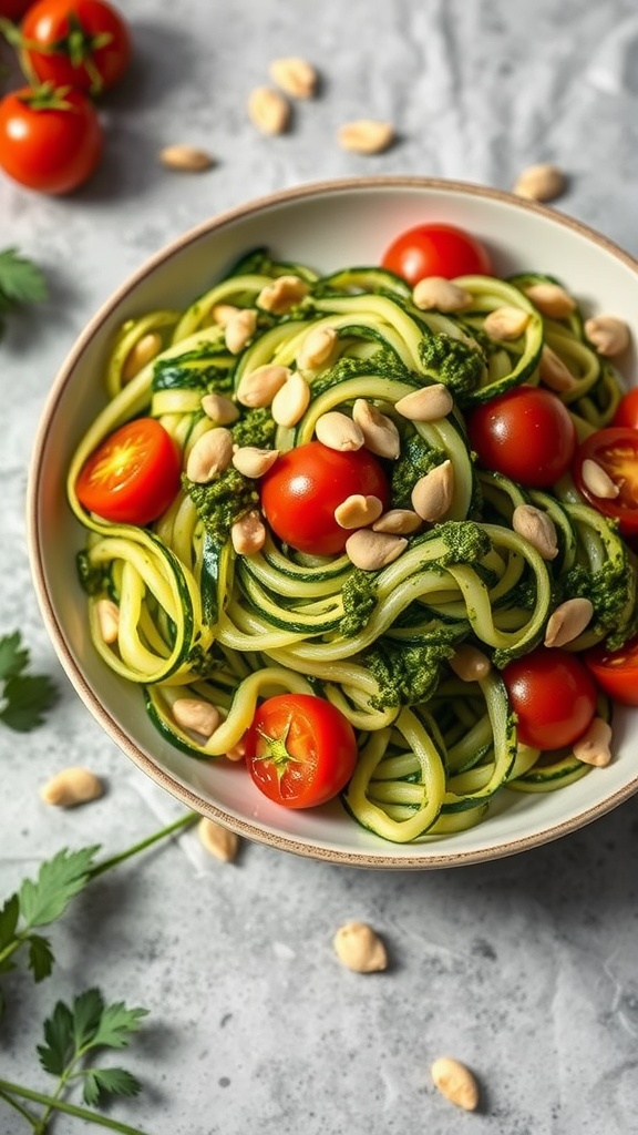 Healthy zucchini noodles with pesto and cherry tomatoes in a bowl.