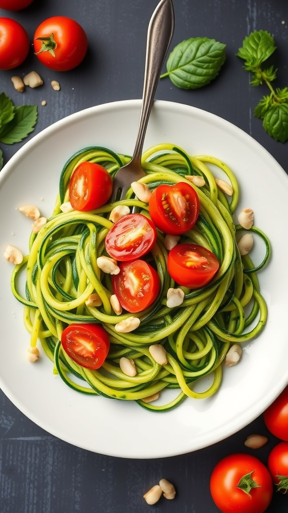 A plate of zucchini noodles topped with cherry tomatoes and pine nuts, garnished with basil leaves.
