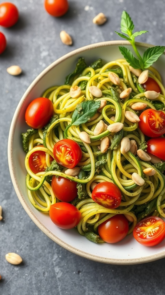 A bowl of zucchini noodles topped with pesto, cherry tomatoes, and pine nuts.