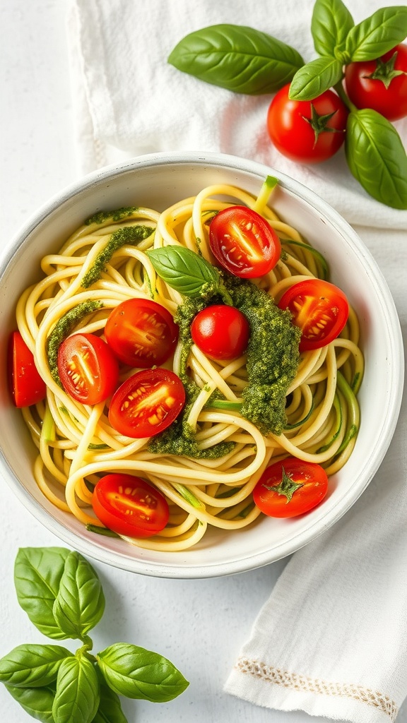 A bowl of zucchini noodles topped with pesto and cherry tomatoes, garnished with fresh basil.