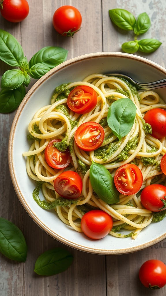 A bowl of zucchini noodles with pesto and cherry tomatoes, garnished with fresh basil leaves.