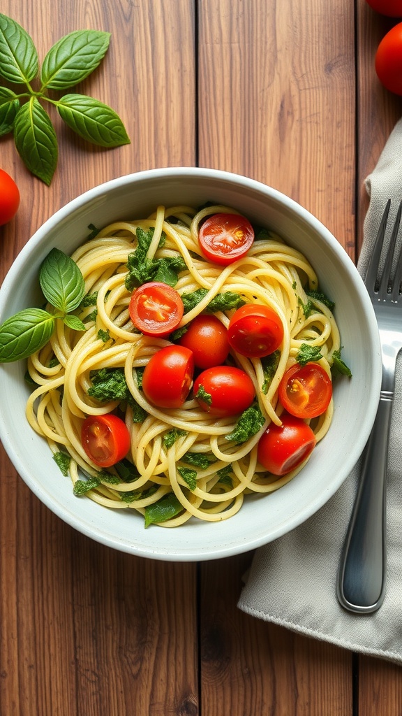 A bowl of zucchini noodles with pesto and cherry tomatoes on a wooden table.