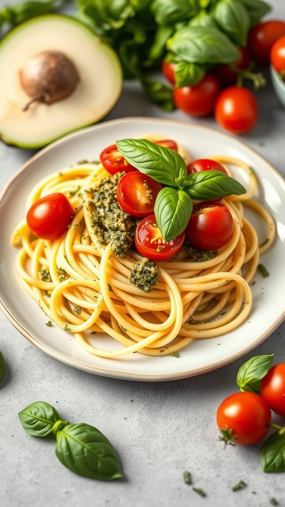 A plate of zucchini noodles topped with pesto and cherry tomatoes, garnished with fresh basil.