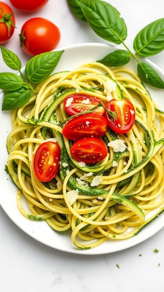 Zucchini noodles topped with pesto and cherry tomatoes on a plate