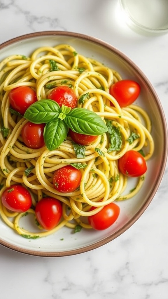 A bowl of zucchini noodles topped with pesto and cherry tomatoes, garnished with fresh basil.
