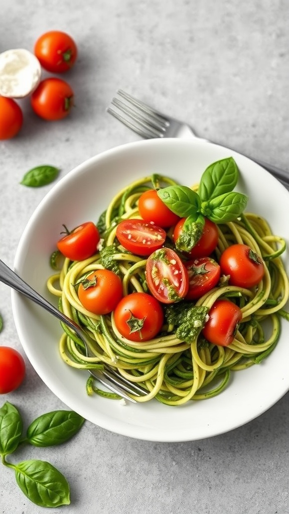A bowl of zucchini noodles topped with pesto and cherry tomatoes, garnished with basil.