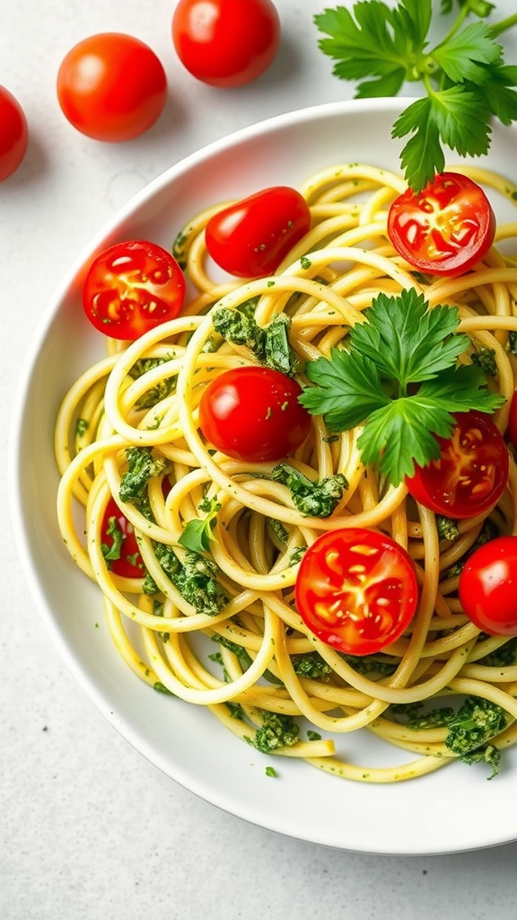 A bowl of zucchini noodles topped with pesto and cherry tomatoes, garnished with fresh herbs.