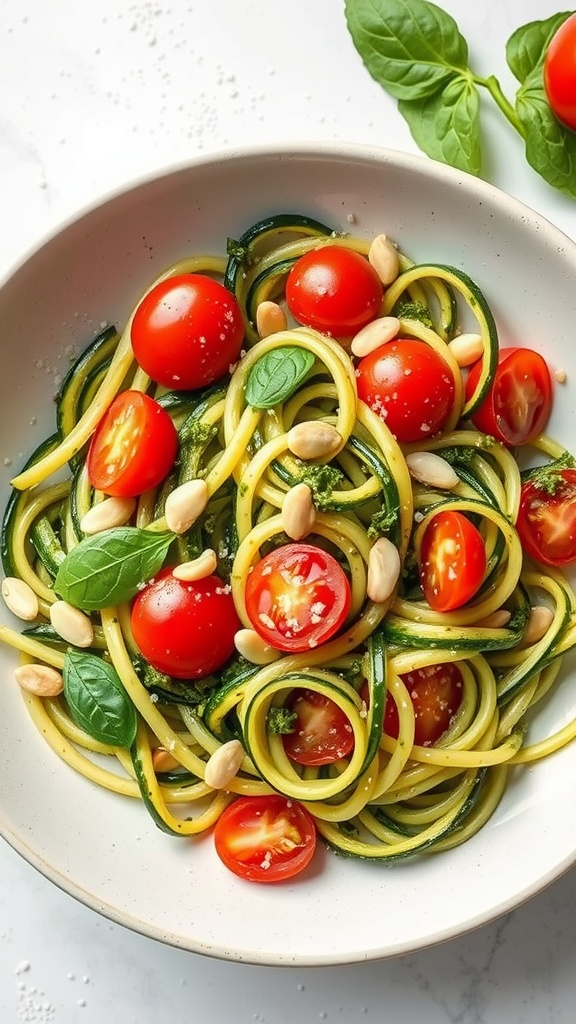 A delicious bowl of zucchini noodles with pesto and cherry tomatoes, topped with pine nuts.