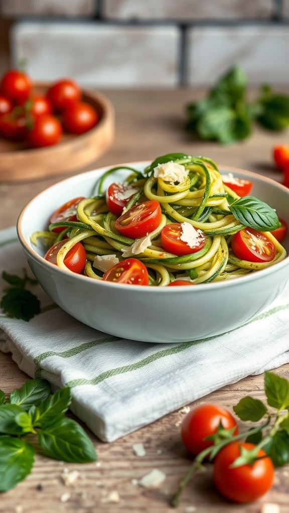 A bowl of zucchini noodles mixed with pesto and cherry tomatoes, garnished with basil leaves and parmesan.