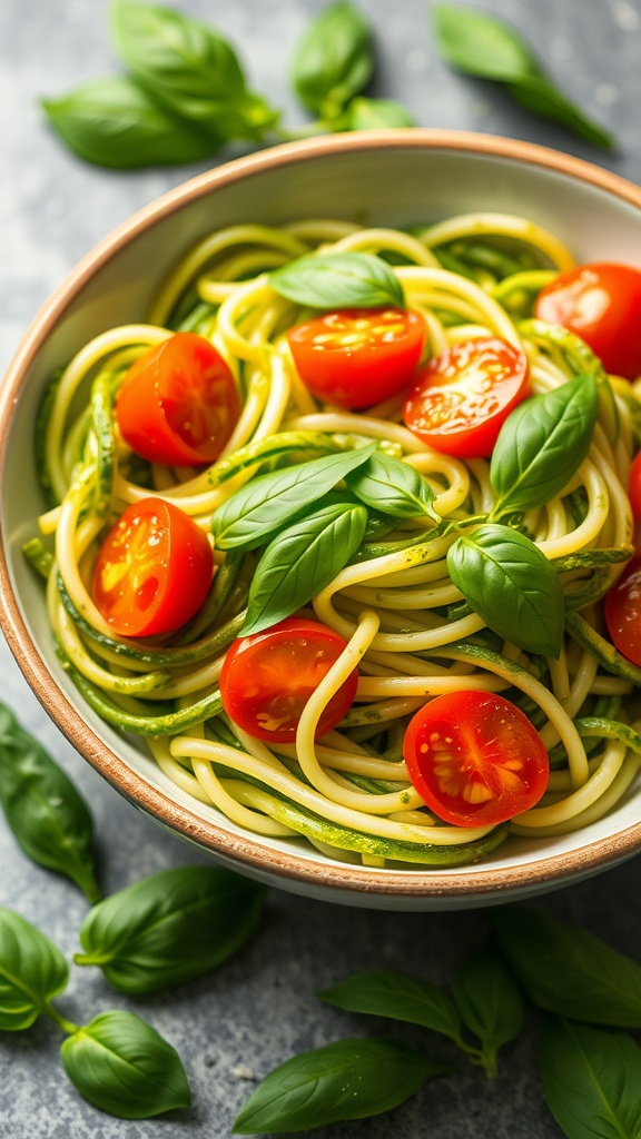 A bowl of zucchini noodles with pesto and cherry tomatoes topped with fresh basil.