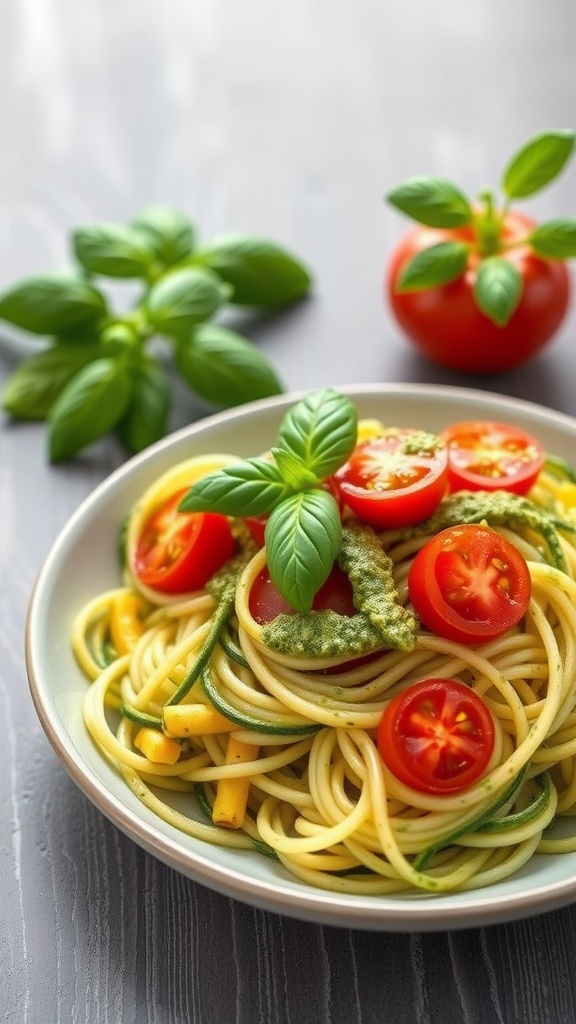 A bowl of zucchini noodles topped with pesto and halved cherry tomatoes, garnished with fresh basil.