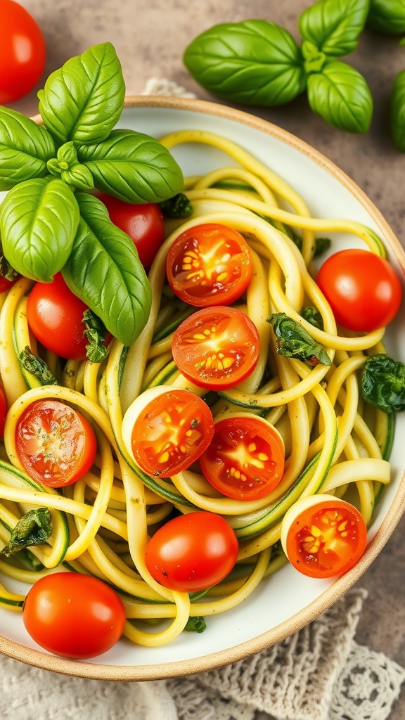 A bowl of zucchini noodles tossed with pesto and cherry tomatoes, garnished with fresh basil.