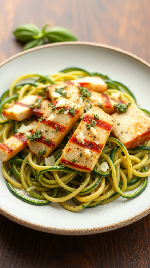 A plate of zucchini noodles topped with grilled chicken and pesto sauce.
