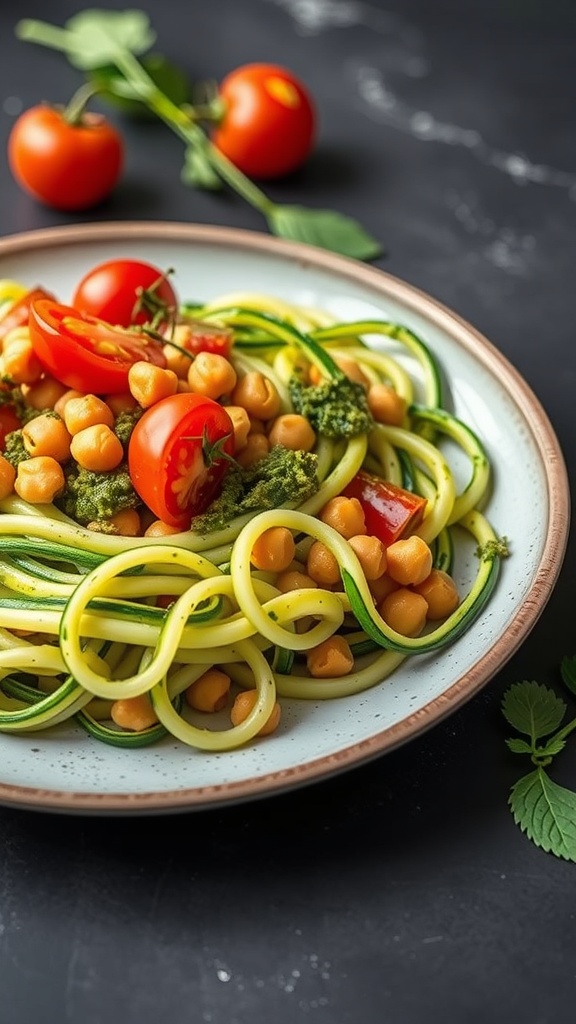 A plate of zucchini noodles topped with pesto, chickpeas, and cherry tomatoes.