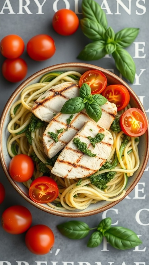 A bowl of zucchini noodles topped with pesto and grilled chicken, garnished with cherry tomatoes and basil.