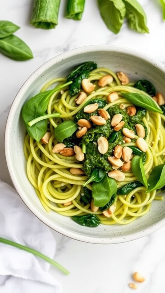 A bowl of zucchini noodles topped with pesto, spinach, and pine nuts.