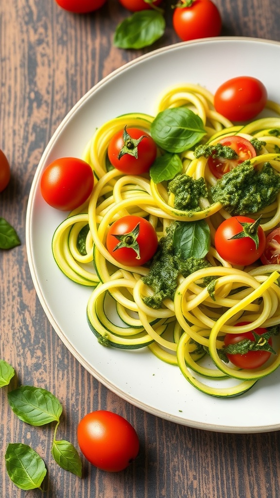 A plate of zucchini noodles topped with pesto sauce and cherry tomatoes, garnished with fresh basil leaves.