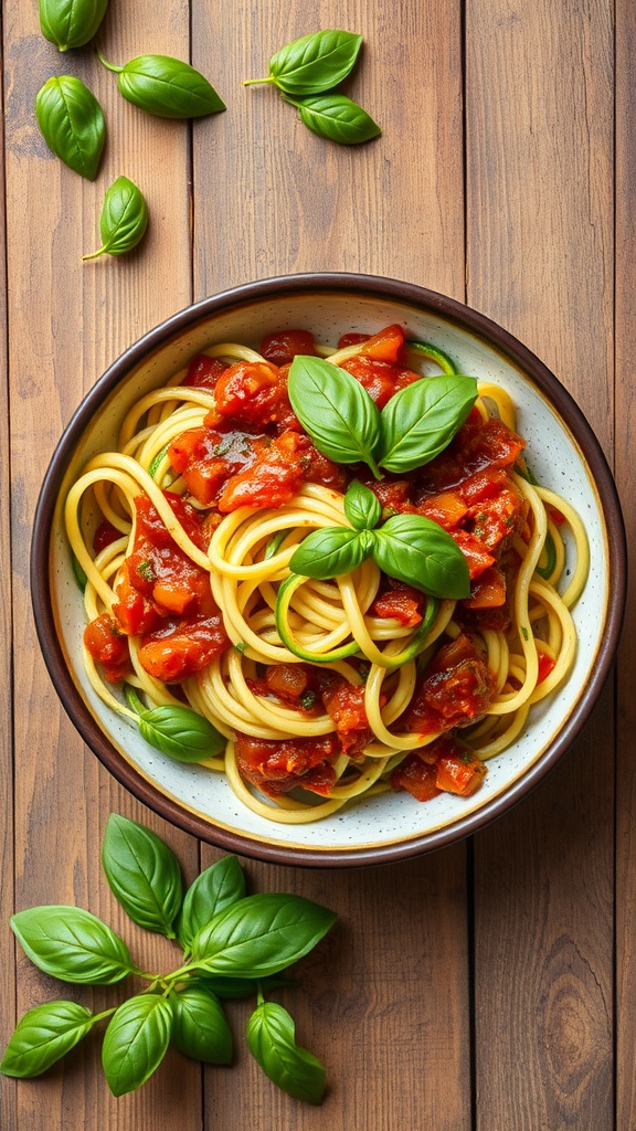 A bowl of zucchini noodles topped with marinara sauce and fresh basil leaves.