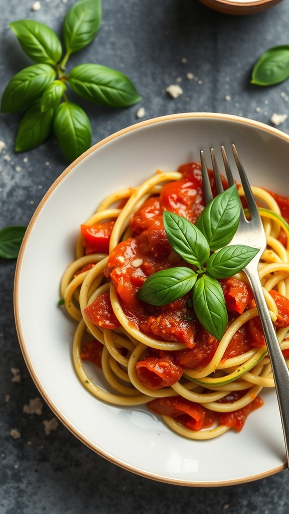 A bowl of zucchini noodles topped with tomato basil sauce and fresh basil leaves.