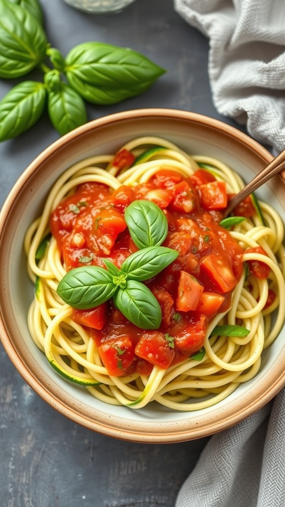 A bowl of zucchini noodles topped with tomato basil sauce and fresh basil leaves.
