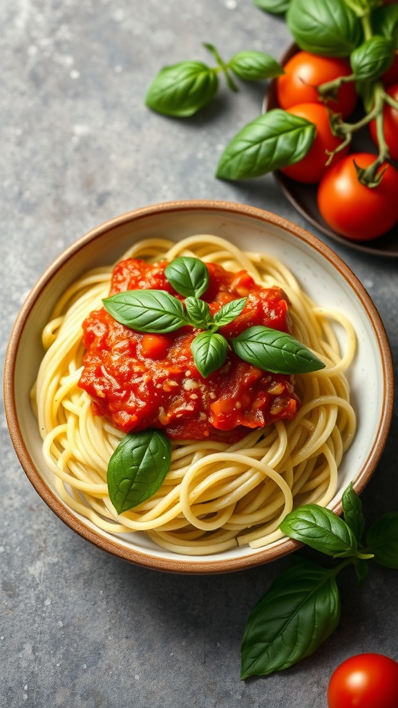 A bowl of zucchini noodles topped with tomato sauce and fresh basil leaves.