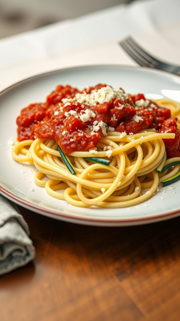 A plate of zucchini noodles topped with rich tomato sauce and Parmesan cheese.
