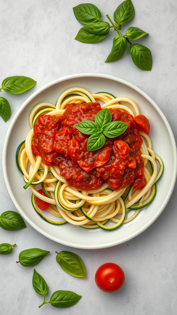 A plate of zucchini noodles topped with tomato sauce and basil.
