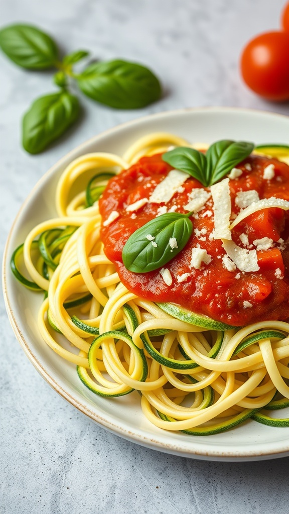 Zucchini noodles with tomato sauce, garnished with basil and cheese