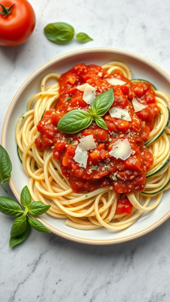 A plate of zucchini noodles topped with tomato sauce and garnished with fresh basil.