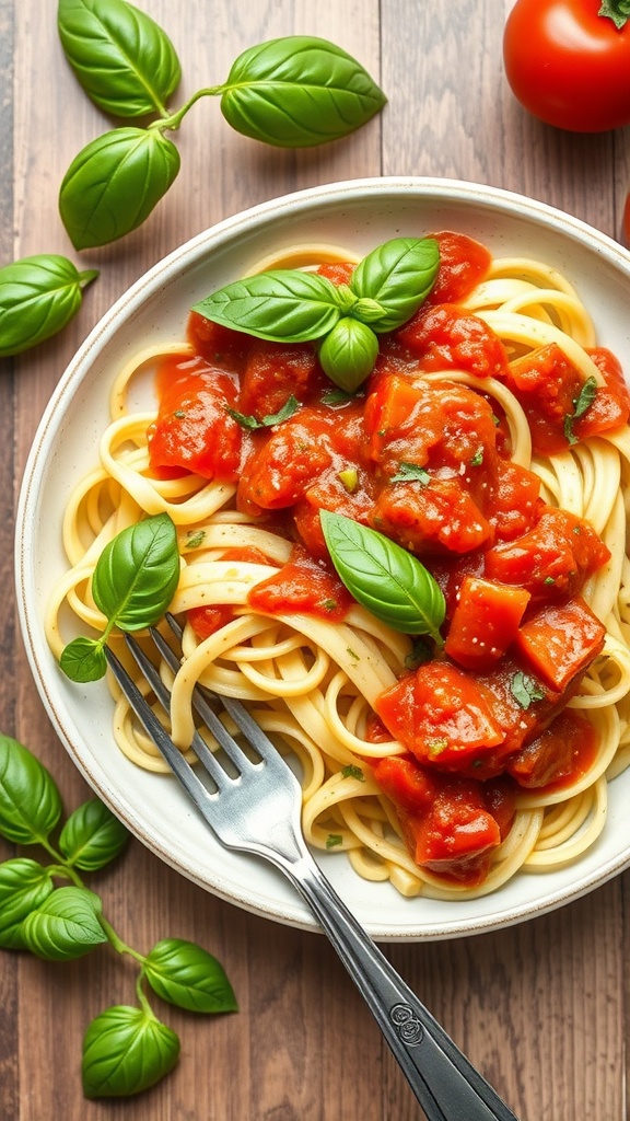 A bowl of zucchini noodles topped with tomato sauce and fresh basil.