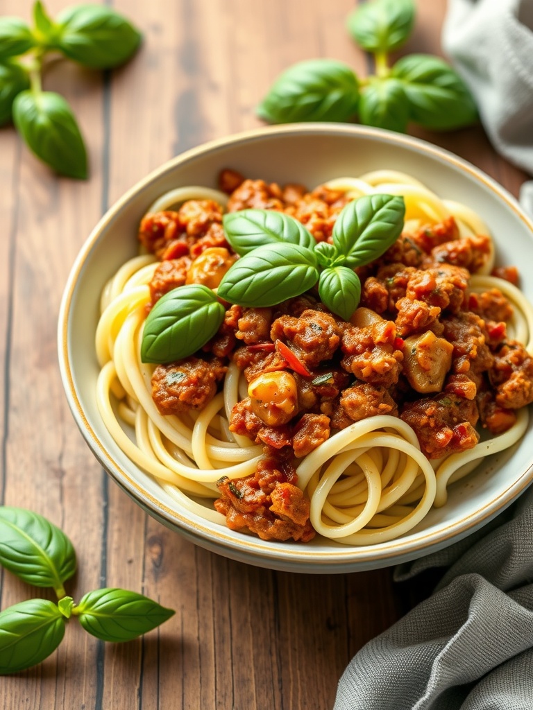 A bowl of zucchini noodles topped with turkey Bolognese sauce and fresh basil leaves.
