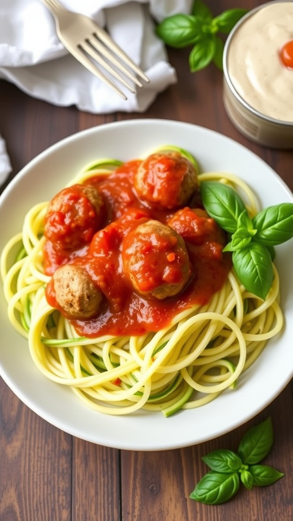 A bowl of zucchini noodles topped with turkey meatballs and marinara sauce