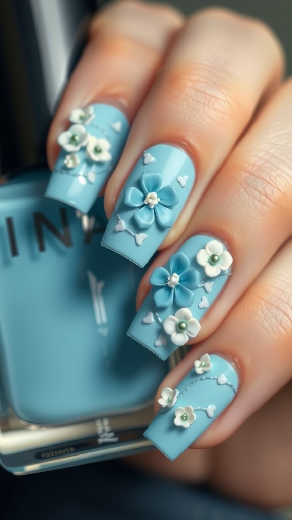 Nails painted in light blue with 3D floral embellishments in white and green.