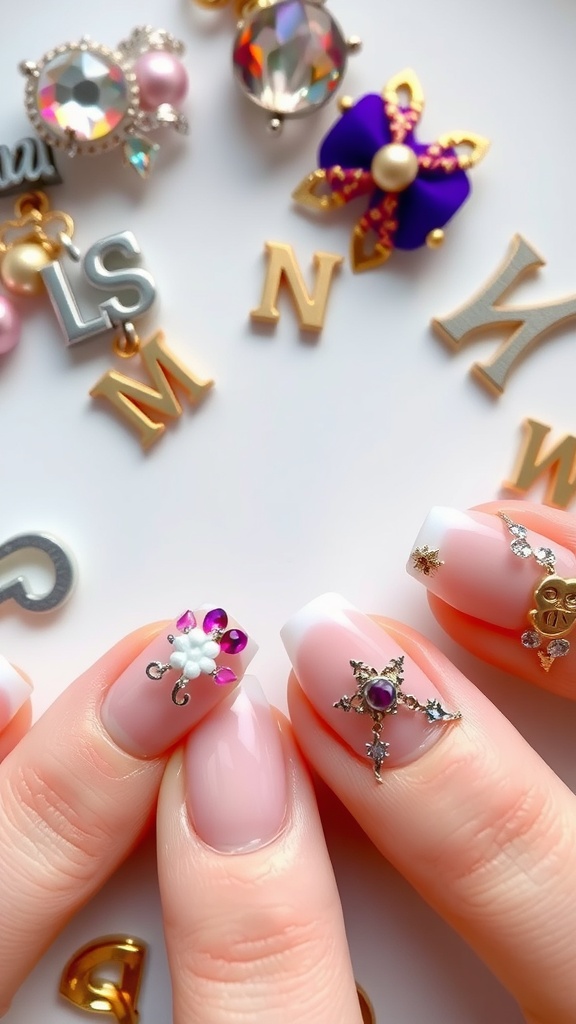 An array of colorful 3D nail accessories including gemstones, floral designs, and metallic charms.
