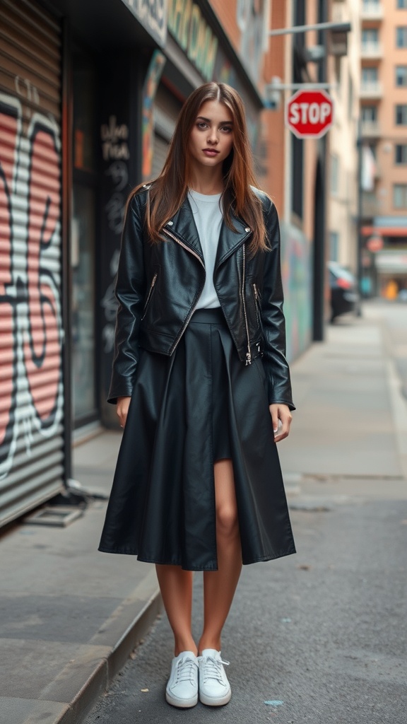 A young woman wearing a black A-line skirt, a fitted black leather jacket, and white sneakers, standing on a city street.