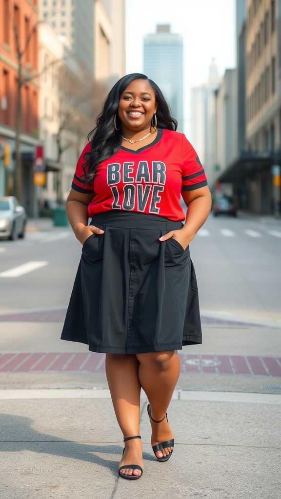 A plus-size woman smiling while wearing a red graphic tee with 'BEAR LOVE' and a black A-line skirt, walking confidently on a city street.