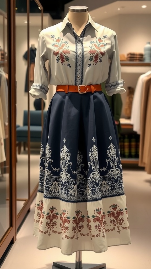 A mannequin displaying a navy A-line skirt with floral embroidery, paired with a light shirt and an orange belt.