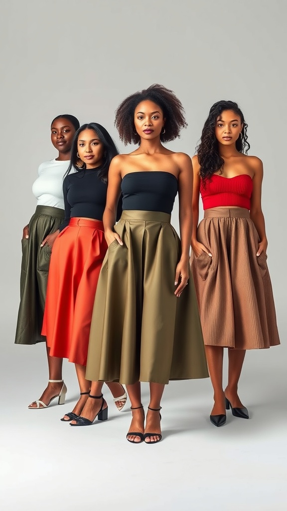 Four models wearing A-line skirts in various colors and styles.