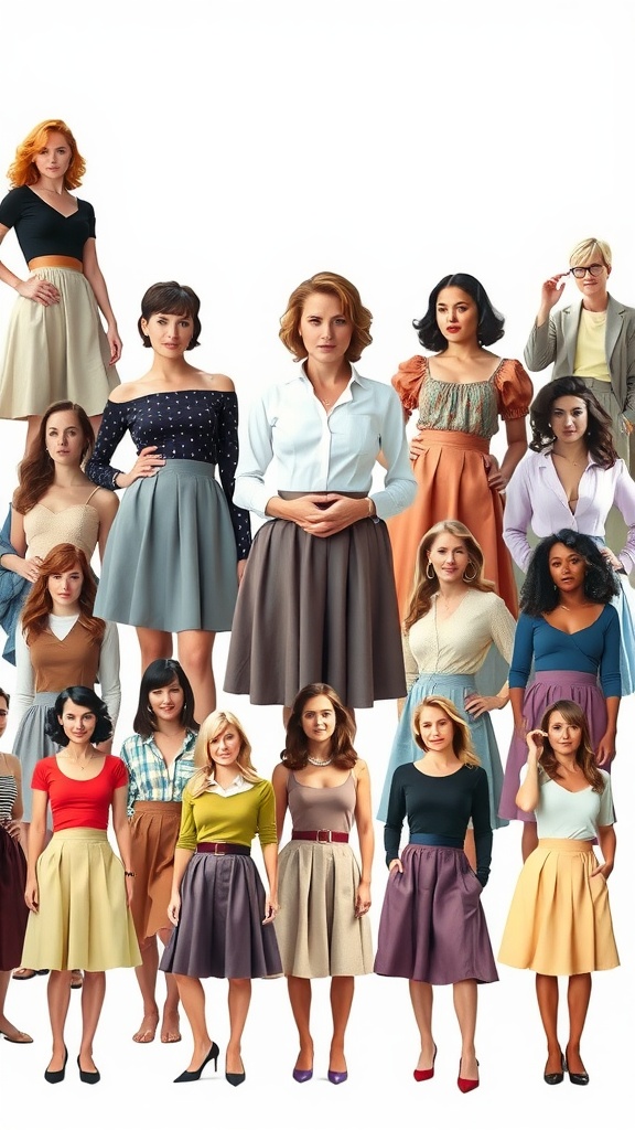 A group of women wearing various styles of A-line skirts in different colors and patterns.
