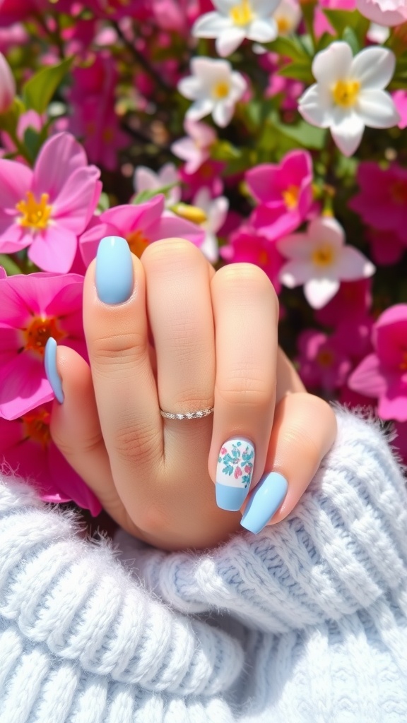 A hand with light blue spring nails featuring abstract art design, surrounded by colorful flowers.