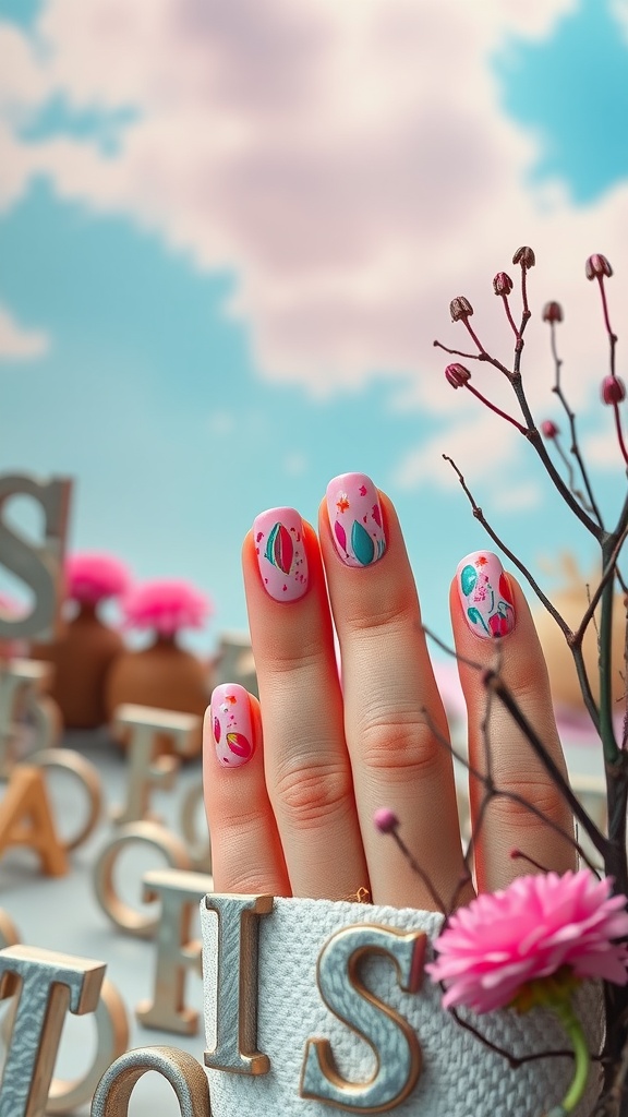 Nails with pink French tips featuring abstract designs and a chrome shine, set against a colorful background.