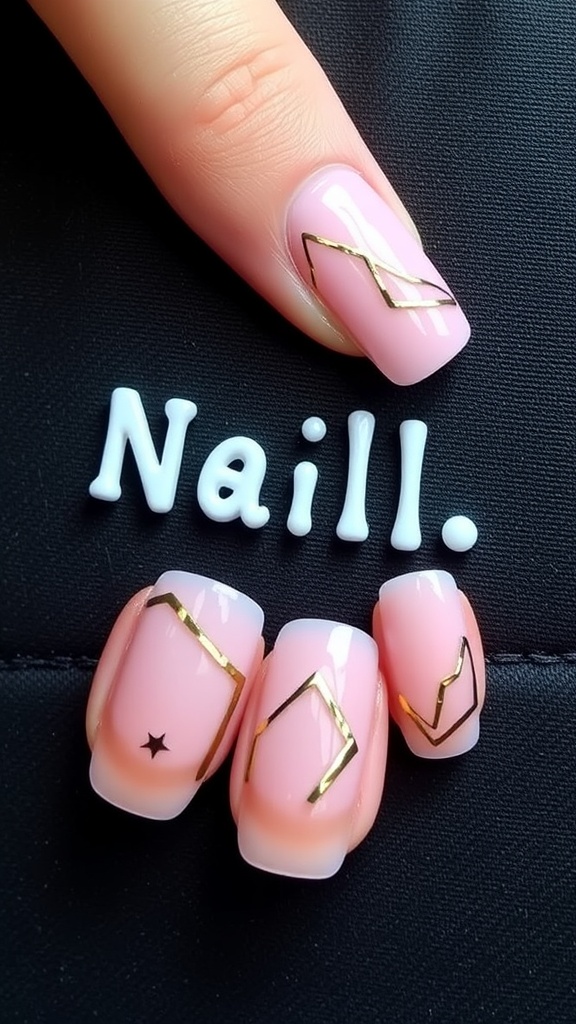 Short pink chrome nails with geometric gold patterns