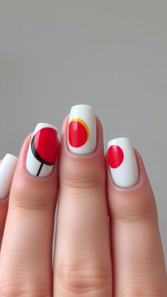 Nail design featuring abstract white base with red circles and yellow accent