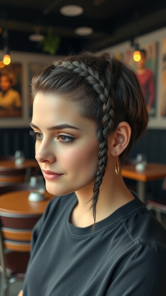 A woman with short hair styled with an accent braid, showcasing a chic look.