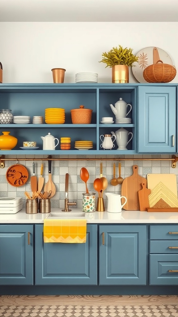 A kitchen with blue cabinets adorned with colorful dishes and warm wooden accents.